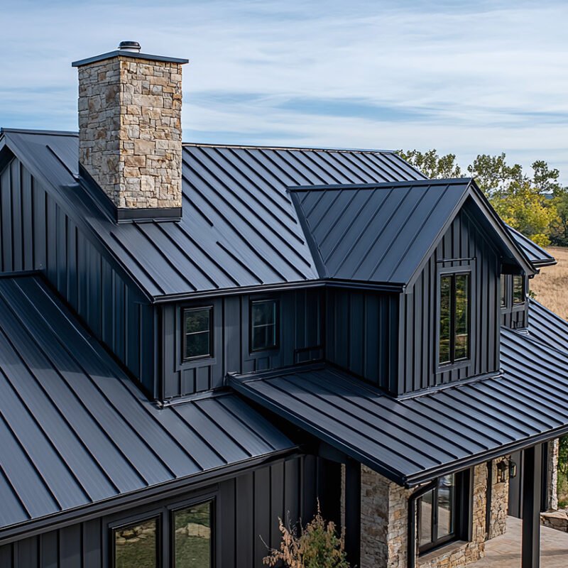 Modern black barndominium with metal roofing